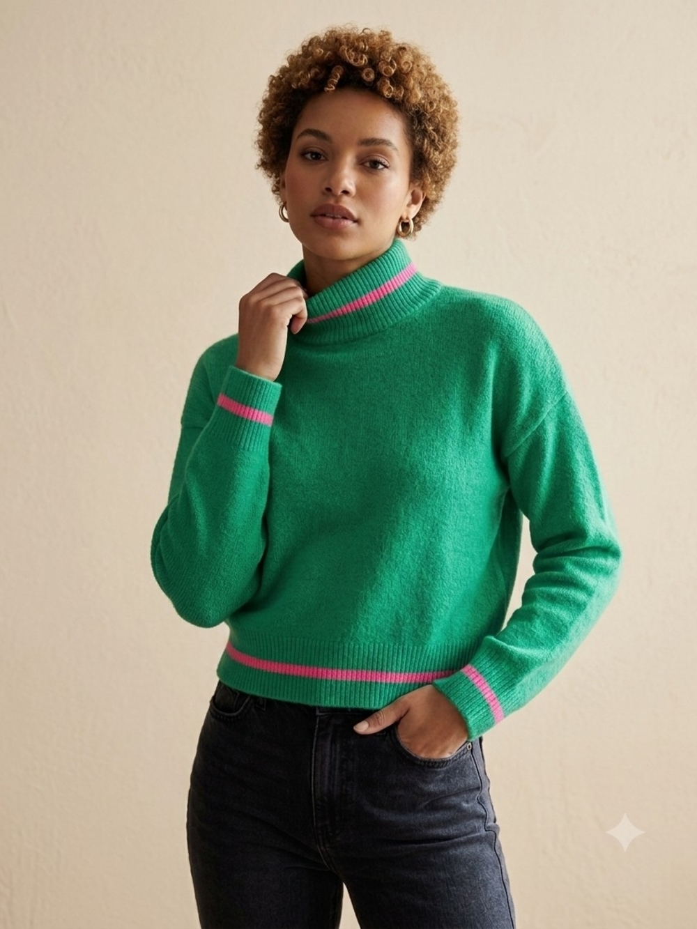 THML Green Turtleneck Sweater with Pink Stripe Accents